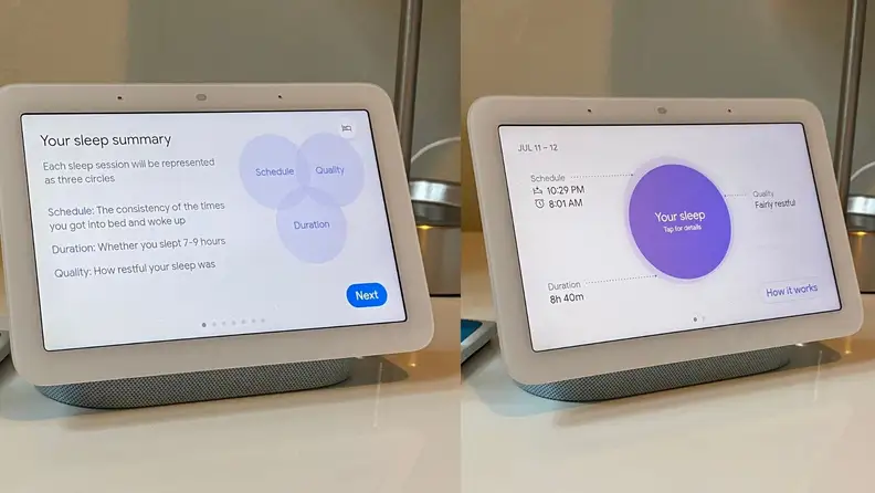 a side by side showing how sleep sensing on the Nest hub gathers data and an example of its display