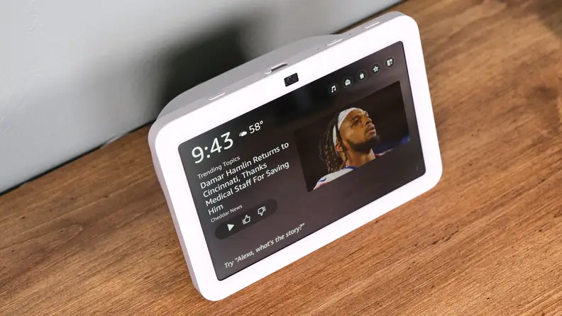 Overhead shot of the Echo Show displaying its news tab.