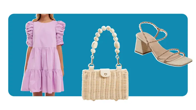 Pink dress, hand bag, sandal.