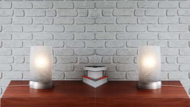 The frosted glass lamp sits on a side table.