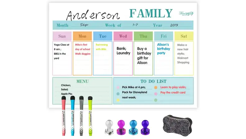 A colorful weekly planner keeps everyone on track.