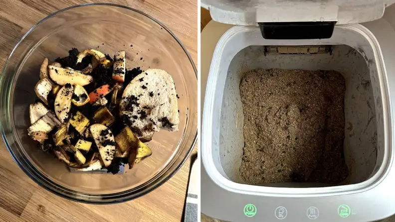 A bowl full of food scraps/the Reencle Home Composter after decomposing those food scraps for two days.