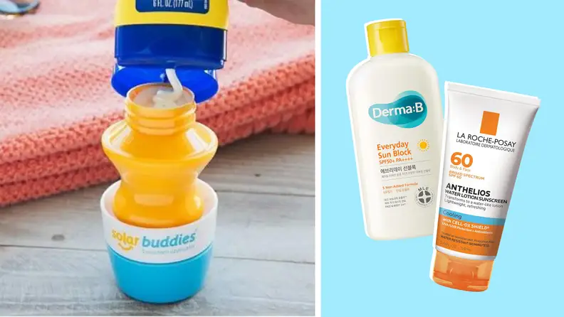 Solar Buddies Sunscreen Applicator next to Derma B and La Roche-Posay sunscreens on a blue background.