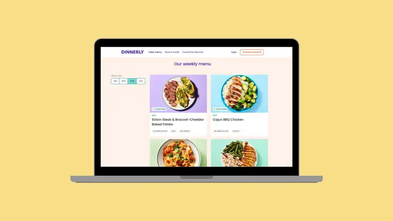 A graphic of a laptop with a Dinnerly webpage on the screen.