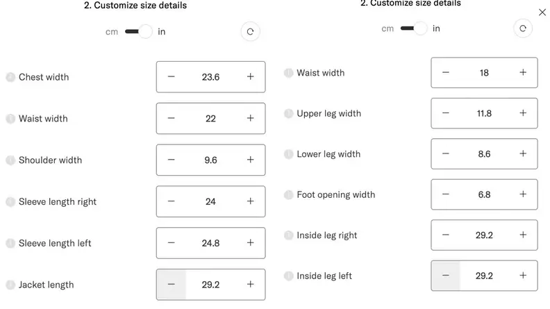 A screenshot of manual input measurements at Suitsupply.