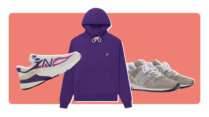 A sneaker with pink and purple details, a purple sweatshirt, and a pair of sneakers in gray suede.