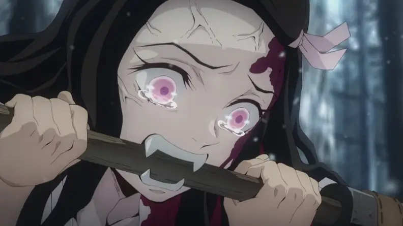 An image of Nezuko from Demon Slayer attacking her brother.