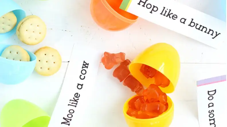 Easter eggs filled with candy, crackers, and fun exercises for little ones to do.
