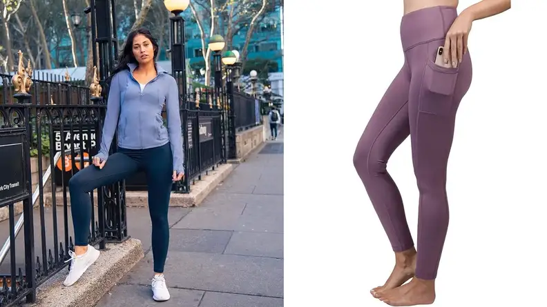 On the left, a model poses in a jacket and navy-blue leggings on an urban sidewalk. To the right, a model poses in purple leggings; they’re slipping an iPhone into their pocket.