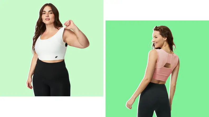 Collage of a model wearing a white sports bra and another model wearing the same bra in peach.
