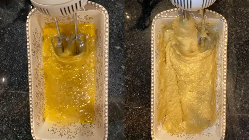 Two photos of banana bread batter being mixed with an electric mixer in a loaf pan.