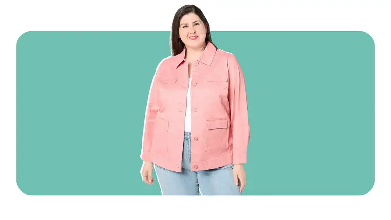 A woman wearing a pink adaptive jacket from Denim & Co.