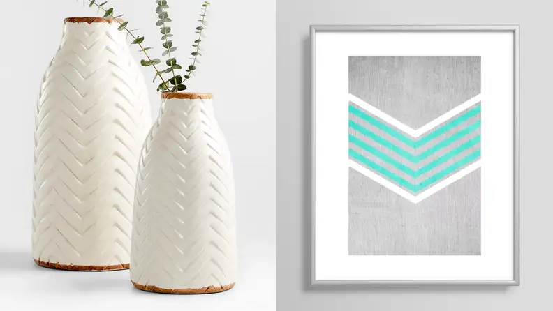 1) Two white chevron-carved vases. 2) Blue and gray chevron print.