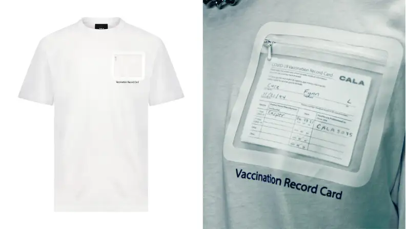On left, white T-shirt with clear window on right side.