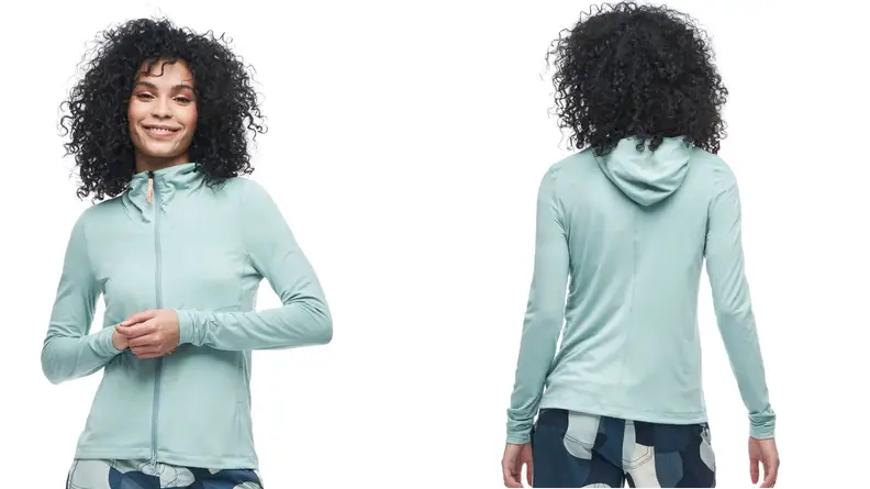 Woman wearing blue long sleeve hoodie