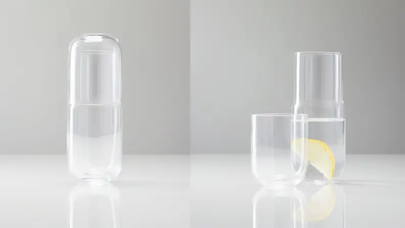 A glass water carafe and stackable water glass. On the left, the glass is stacked on top of the carafe. On the right the glass is next to the carage.