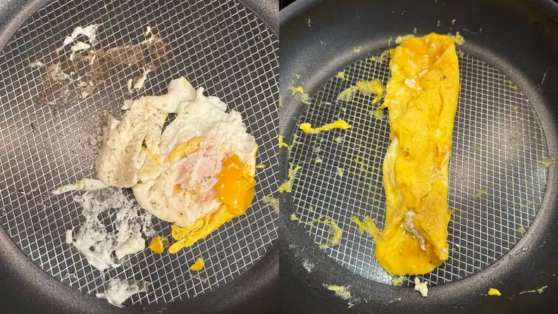Left: a fried egg messily flipped with stuck-on remnants. Right: an omelet cooking on the Anolon X surrounded by stuck-on egg pieces.