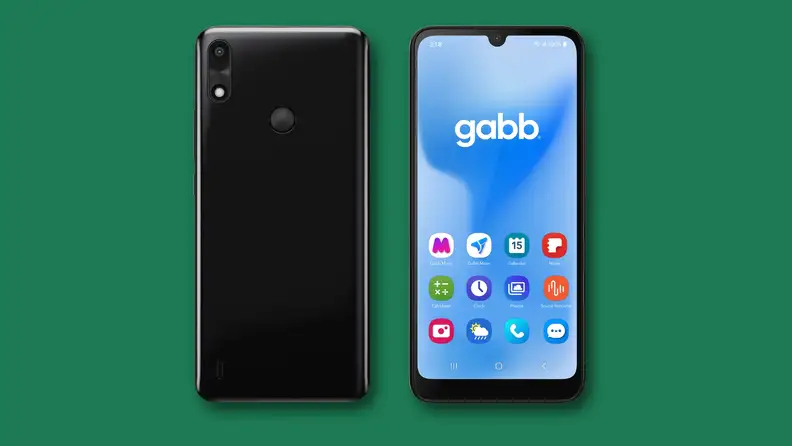 Gabb phone 4 front and back view on green background