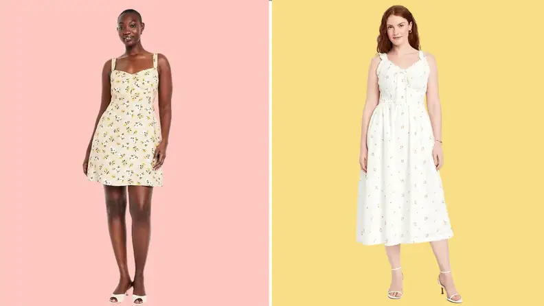 Two women wearing floral summer dresses—one in a short yellow dress on a pink background, the other in a white midi dress on a yellow background.
