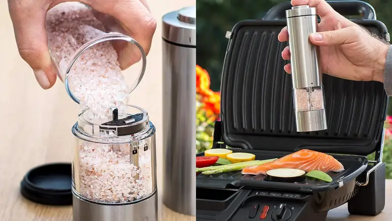 Left: person filling Urban Noon mill with pink salt. Right: person seasoning food as it grills with grinder