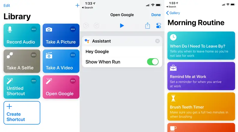 screenshots of the Shortcuts app