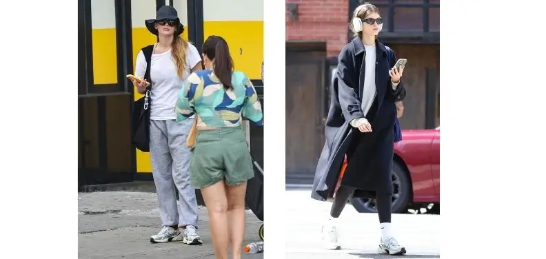 Jennifer Lawrence and Kaia Gerber each wearing the Nike V2K Run sneakers.