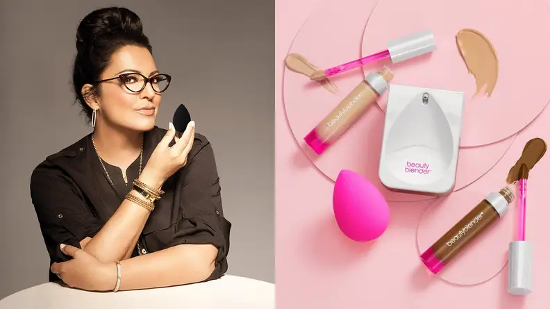 On the left: The founder of Beautyblender sitting and holding a makeup sponge next to her face. On the right: A smattering of Beautyblender products.