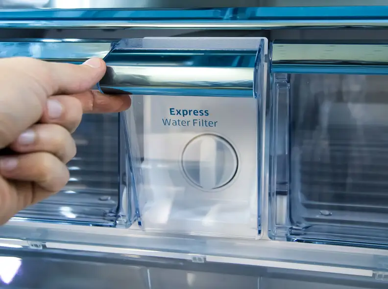 The water filter found between the two crispers, and is easily accessible.