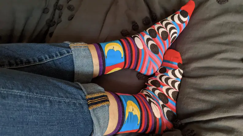 Patterned socks on comforter