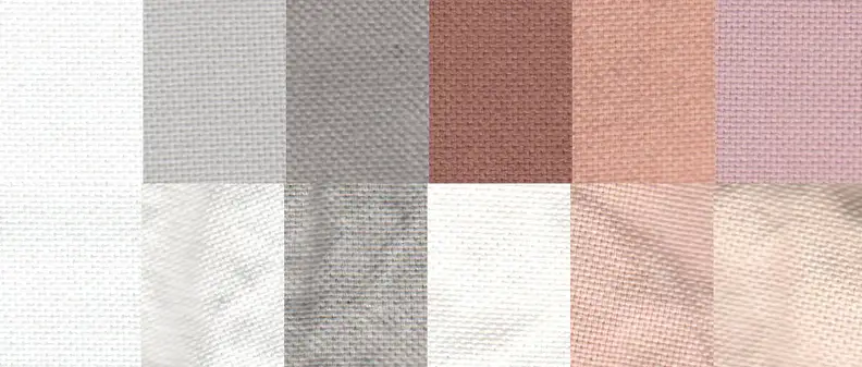 Before and after test stain results using the Normal cycle. From left to right: control, sweat, dirt, blood, cocoa, and red wine.