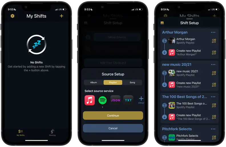 Three screenshots of the Songshift app, showing the home screen, the source-selection page, and a completed transfer.