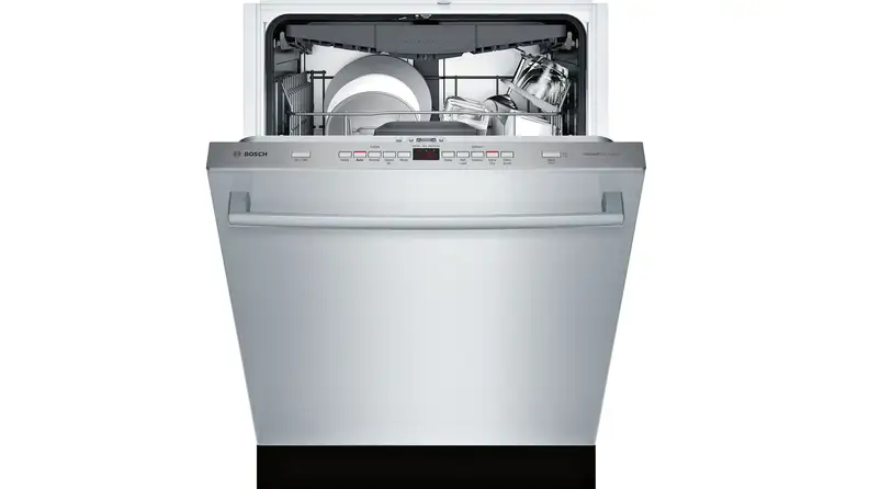 A slightly open Bosch 300 dishwasher on a white background.