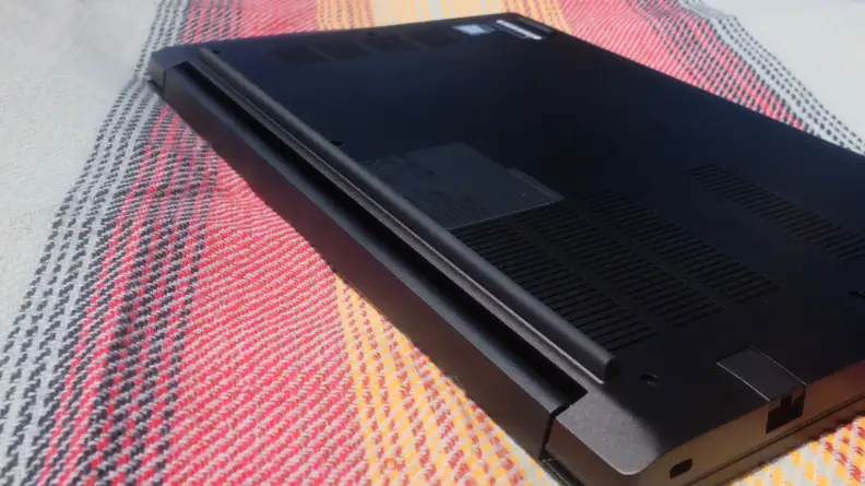 The underside of the ThinkPad E14, which features a long rubber strip that prevents the laptop from sliding around while in use.