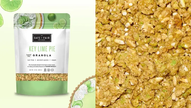 Left: A bag of Key Lime Pie Granola against a white background accompanied by limes and a key lime pie. Right: Close-up photo of granola.