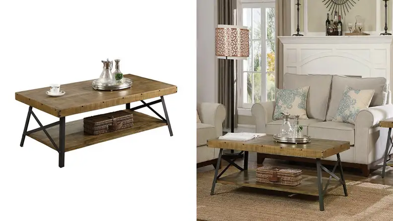 Emerald Home Chandler Rustic Industrial Solid Wood and Steel Coffee Table with Open Shelf