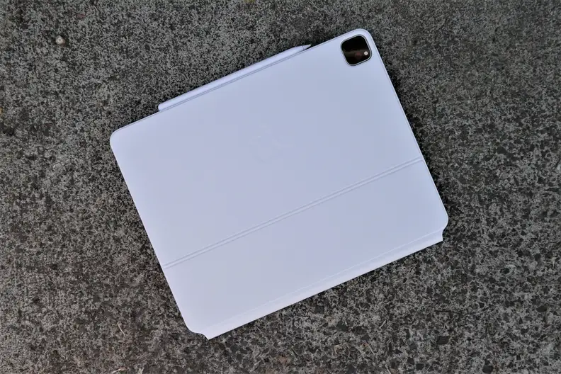 A photo of the 2021 Apple iPad Pro in the Magic Keyboard case.