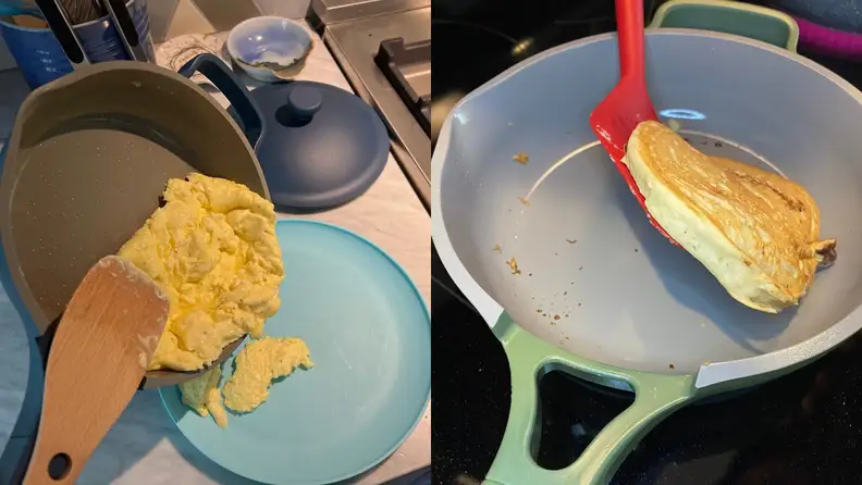 On left, fluffy scrambled eggs sliding off the Always Pan with no remnants left behind. On right, a pancake being flipped on an Always Pan with no stick.
