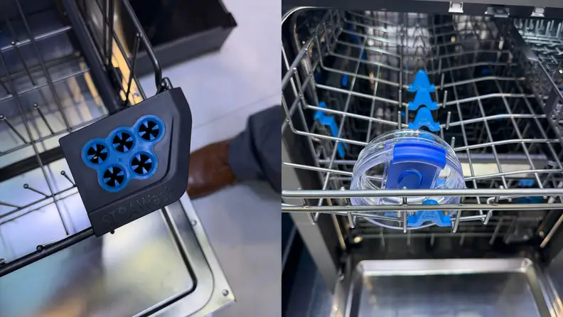 Close-up of Midea dishwasher interior featuring the STRAWash basket and dedicated bottle and lid wash zones with precision spray jets.