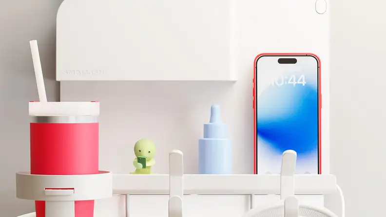 White WallShelfie wall organizer holding a tumbler, phone, and dropper bottle