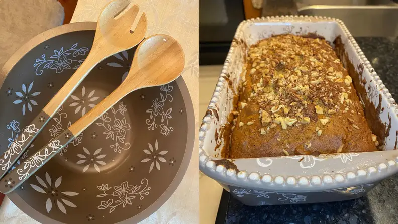 On left, empty salad bowl with accompanying utentils on top. On right, loaf pan with homemade banana bread inside.