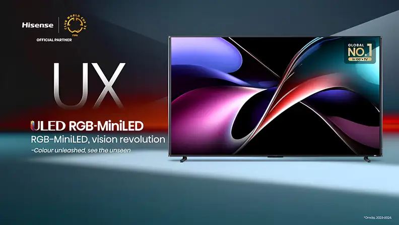 Hisense 116UXS RGB-C Mini-LED TV displaying a vibrant abstract wallpaper against a teal gradient background.