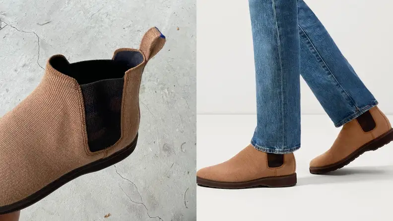 CClose-up of panel on Rothy's Merino Chelsea Boot, man walking in jeans wearing bourbon colored Rothy's Merino Chelsea Boot.
