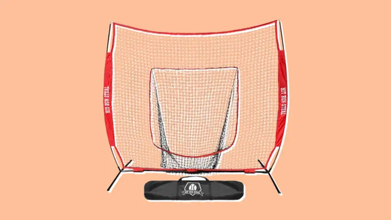 Front view of the Hit Run Steal Heavy Duty Softball & Baseball Net, which comes with two nets and a black carrying case.