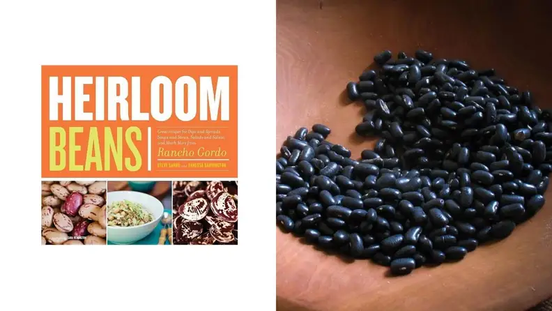 Left: An heirloom bean cookbook silhouetted on a white background. Right: Black lentils in a brown bowl.