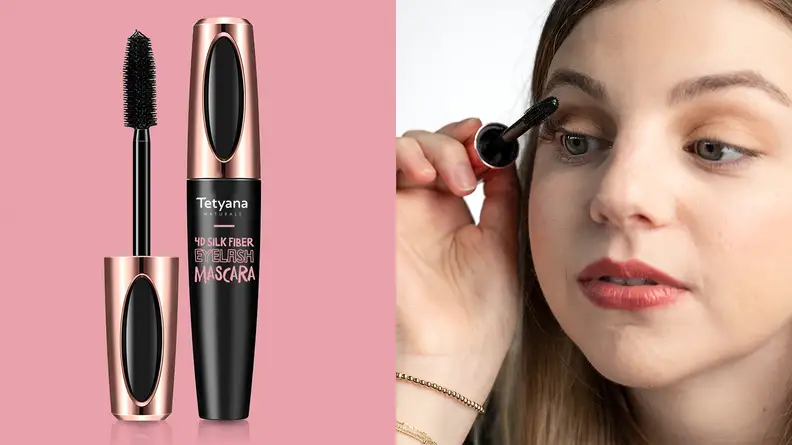 On the left: The Tetyana 4D Silk Fiber Waterproof Mascara on a pink background. On the right: A woman applying the Tetyana 4D Silk Fiber Waterproof Mascara to her right eye.
