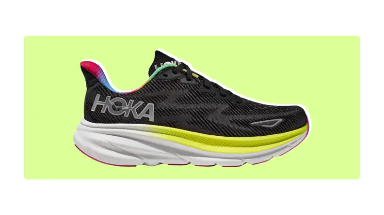 Black Hoka Clifton 9 sneakers on a light green background