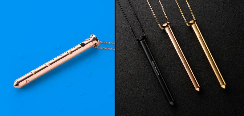 Photo collage of four rose gold and black Crave Vesper 2 vibrator necklaces.