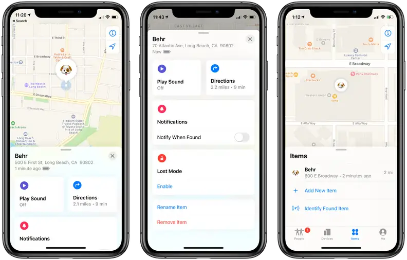 Screenshots of the updated location of the AirTag as it moved about.