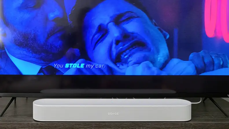 The Sonos Beam Gen 2 playing John Wick in Dolby Atmos