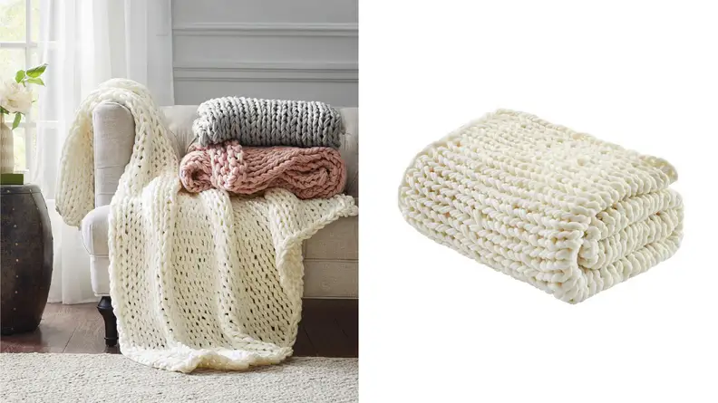 An image of an ivory throw blanket in heavy knit draped over a couch and another of the blanket on a white background.